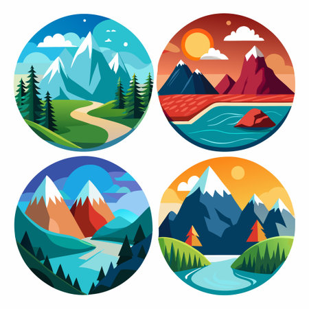 Four colorful illustrations of mountainous landscapes with winding roads, rivers, trees and snow-capped peaks in various colors.のイラスト素材