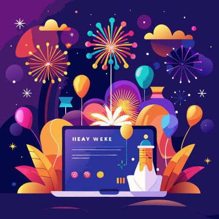 Festive laptop with fireworks and balloons.のイラスト素材