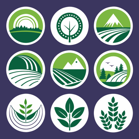 Set of 9 green circular nature icons for eco logos.のイラスト素材