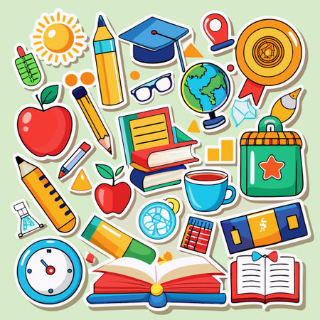Colorful cartoon stickers of education-related items, including an open book, apple, pencil, sun, glasses, globe, and clock.のイラスト素材