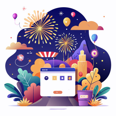A festive scene with a bright, colorful web page and fireworks in the background.のイラスト素材