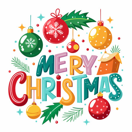 Colorful Merry Christmas design with ornaments and festive elements.のイラスト素材