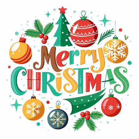 Merry Christmas with colorful ornaments, a green Christmas tree, and festive lettering.のイラスト素材