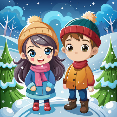 Cute cartoon children in winter clothing standing in snowy landscape.のイラスト素材