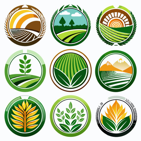 Set of 9 green and yellow nature  icons.のイラスト素材