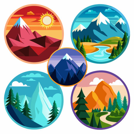 Four colorful mountain illustrations with different scenes, including sunrise, snow, a river, and a winding road.のイラスト素材