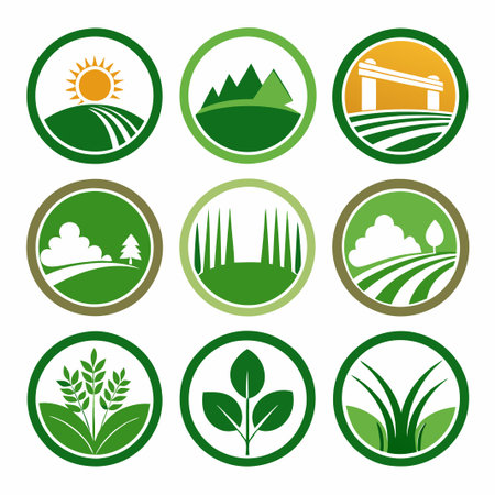 Set of nine circular green icons depicting various nature scenes, including sun, mountains, bridge, clouds, trees, grass, leaves, and wheat.のイラスト素材