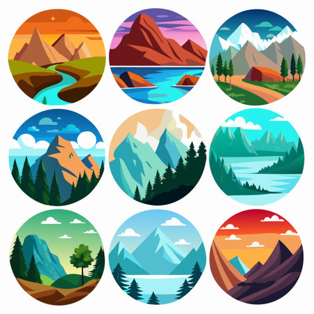 Nine circular designs with different mountain ranges and rivers.のイラスト素材