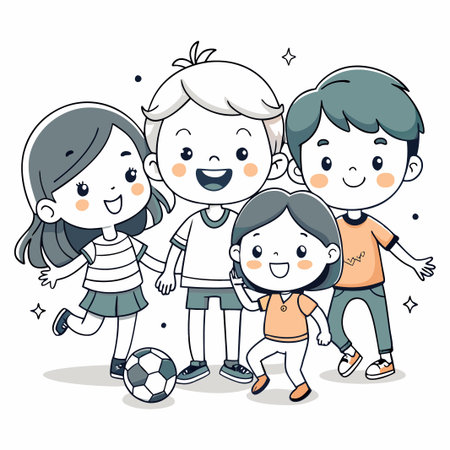 Four happy cartoon children playing soccer.のイラスト素材