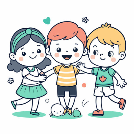 Happy children holding hands and smiling.のイラスト素材