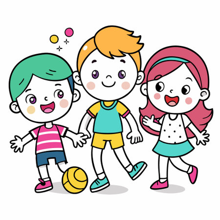 Three happy kids playing with a yellow ball.のイラスト素材