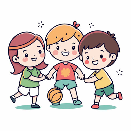 Three happy children smiling and holding hands while playing with a ball.のイラスト素材