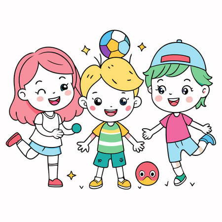 Three happy kids playing with a soccer ball.のイラスト素材