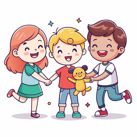 Three happy cartoon kids smiling, holding hands, and playing with a stuffed animal.のイラスト素材