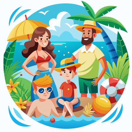 Happy family on the beach with a yellow umbrella and palm trees.のイラスト素材