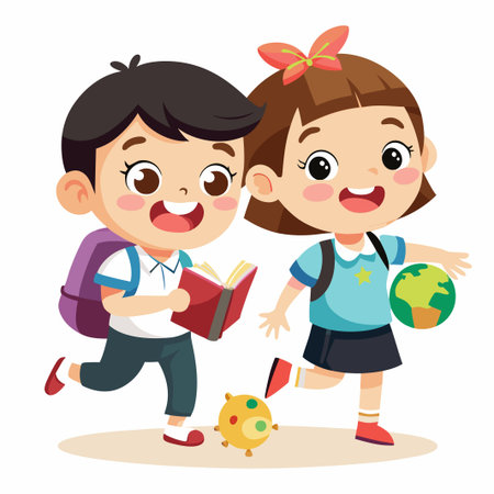 Two happy school children with a book and a globe.のイラスト素材