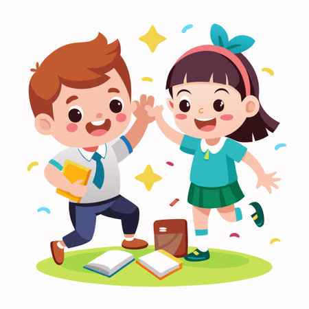 Smiling boy and girl give high five, holding books, standing on green grass, cartoon illustration.のイラスト素材