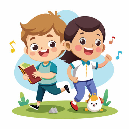 A boy and girl are walking in the park. The boy is holding a book and the girl is carrying a backpack. There are music notes around them. .のイラスト素材