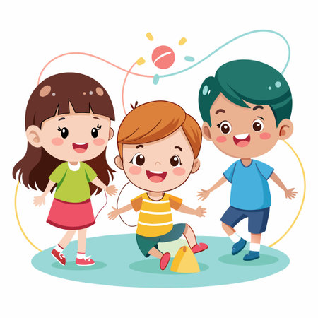 Three happy children playing together with colorful lines.のイラスト素材