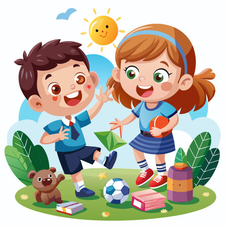Happy kids playing in the park on a sunny day with a toy bear, ball and books.のイラスト素材