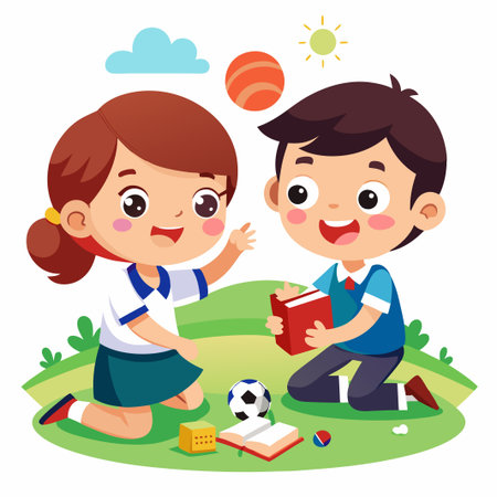 Happy school kids playing outdoors, with a book, a ball, and a toy.のイラスト素材