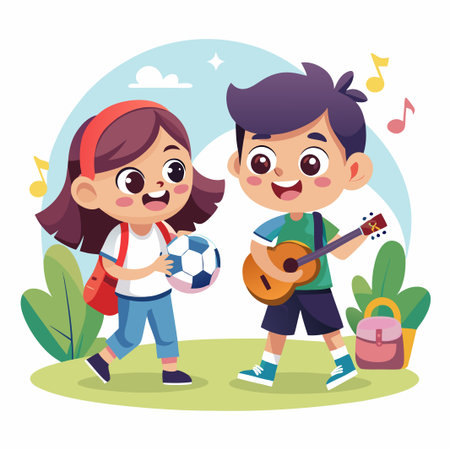 Smiling boy playing guitar while a girl holds a soccer ball outdoors.のイラスト素材