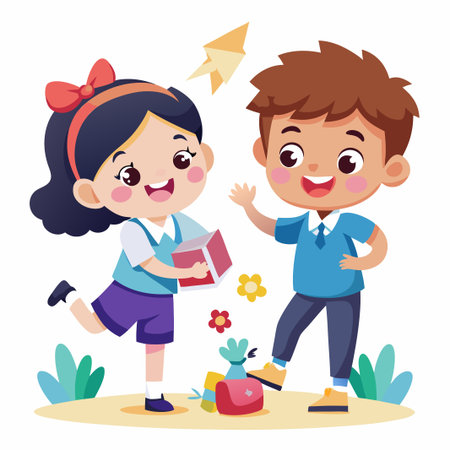 Smiling school girl gives a box to a boy, standing in the playground.のイラスト素材