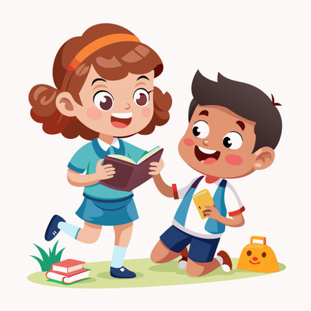 Happy school kids standing outside with books.のイラスト素材
