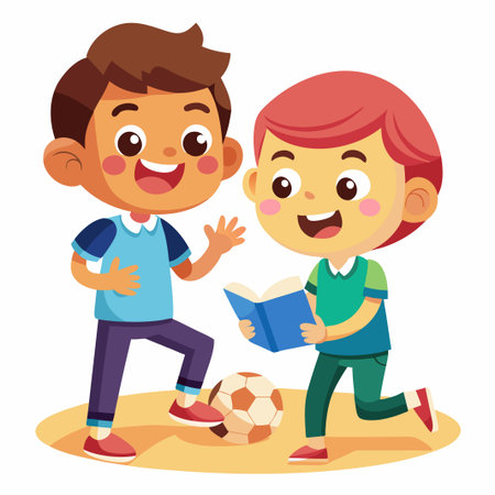 Two happy boys playing soccer and reading a book.のイラスト素材
