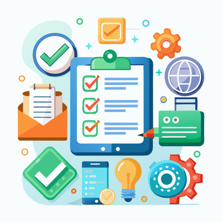 Checklist and Business Icons on Light Blue Background.のイラスト素材