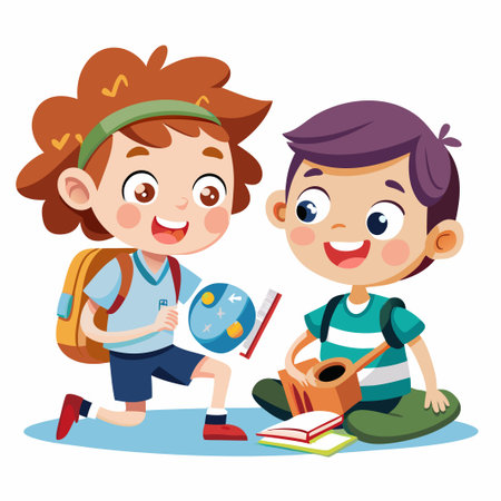 Two happy school kids, one kneeling and one sitting, with a book.のイラスト素材