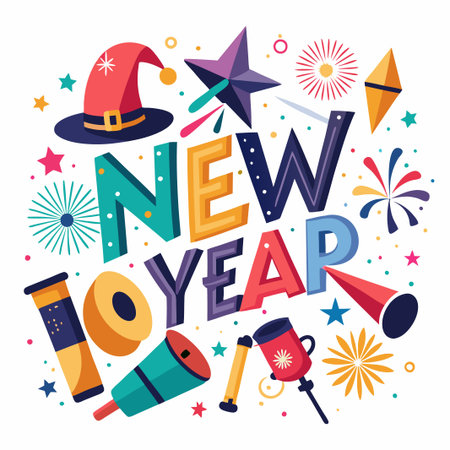 Colorful new year celebration design with fireworks, party hat, and confetti.のイラスト素材
