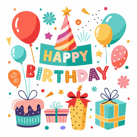 Colorful happy birthday card with balloons, gifts, cake, and party hat.のイラスト素材