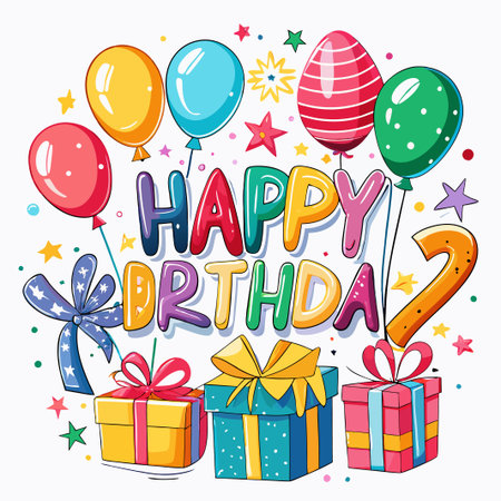 Colorful Happy Birthday card with balloons, stars, and presents.のイラスト素材