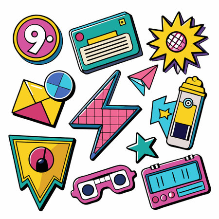Colorful cartoon patches with retro elements like a radio, glasses, and a water bottle.のイラスト素材