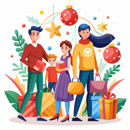 Family enjoying Christmas shopping with gifts and bags.のイラスト素材