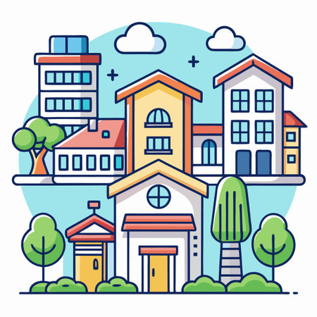 Colorful illustration of a street with houses and trees, featuring a blue sky with clouds in the background.のイラスト素材