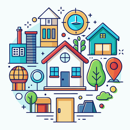 A circular design featuring a cartoon house in the center, with buildings, trees, a clock and a pin on the sides.のイラスト素材