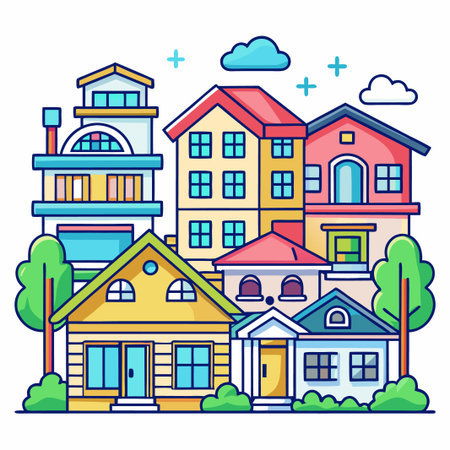 Colorful cartoon houses in a neighborhood.のイラスト素材