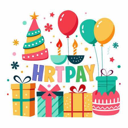 Happy birthday celebration with colorful balloons, gifts, and candles.のイラスト素材