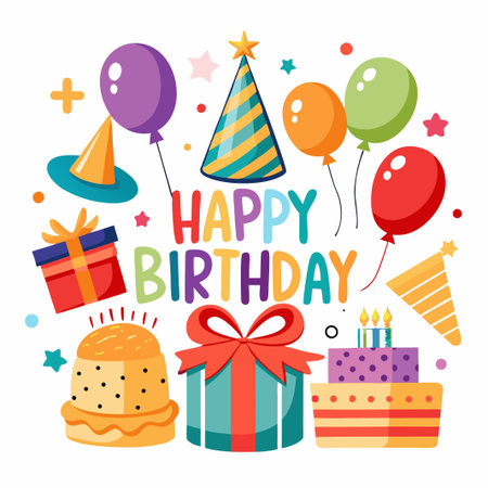 Colorful Happy Birthday illustration with balloons, cake, gifts and hats.のイラスト素材
