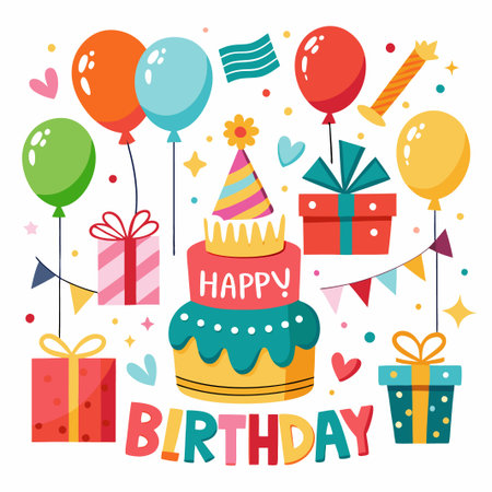Colorful birthday illustration with cake, presents, and balloons.のイラスト素材