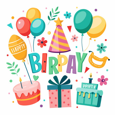 Colorful Birthday Celebration with Balloons, Cakes and Party Hat.のイラスト素材