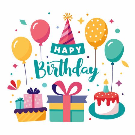 Colorful Happy Birthday illustration with balloons, cake, presents, and confetti.のイラスト素材