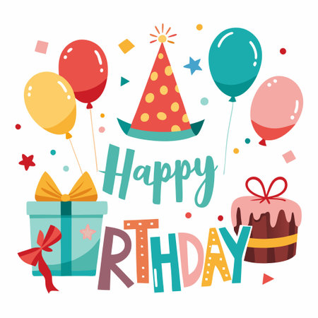 Colorful Happy Birthday with Gift, Cake, Balloons and Party Hat.のイラスト素材