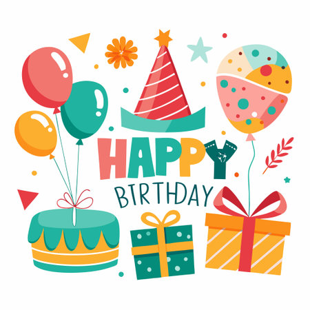 Colorful Happy Birthday Celebration with Cake, Balloons, and Gifts.のイラスト素材