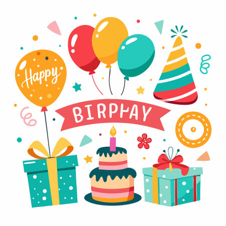 Colorful birthday illustration with balloons, cake, gifts, and a party hat.のイラスト素材