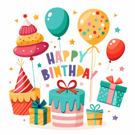 Happy Birthday celebration with colorful balloons, presents, and confetti.のイラスト素材