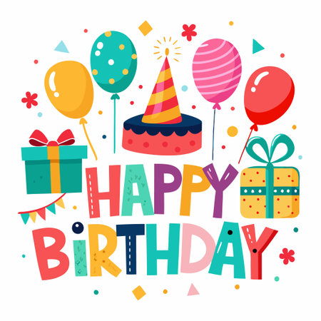 Colorful Happy Birthday card with balloons, presents, cake, and party hat.のイラスト素材