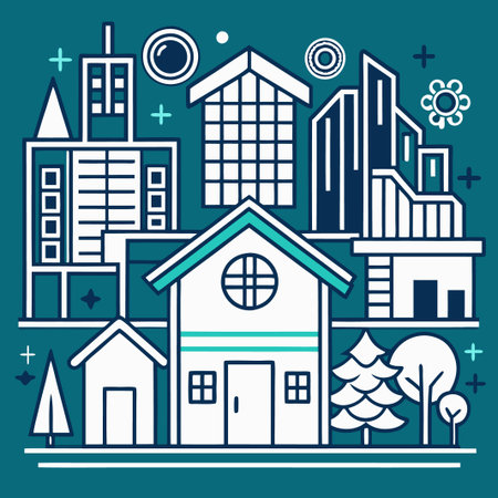 Line art illustration of a city landscape with trees, buildings, and geometric elements.のイラスト素材